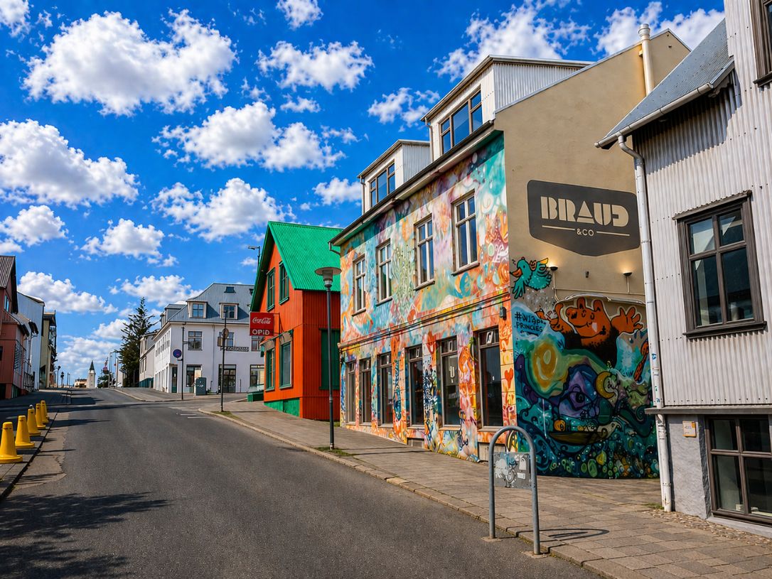 Braud & Co bakery in Reykjavik with colorful street art facade visited during a Reykjavik Food Tours experience with our agency