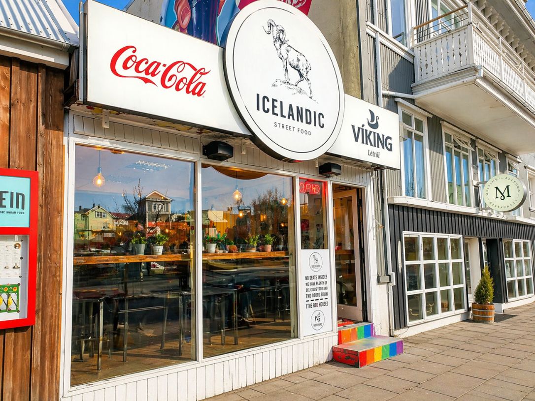 Popular Icelandic Street Food spot in Reykjavik with outdoor entrance and branding seen during a Reykjavik Food Tours experience with our agency