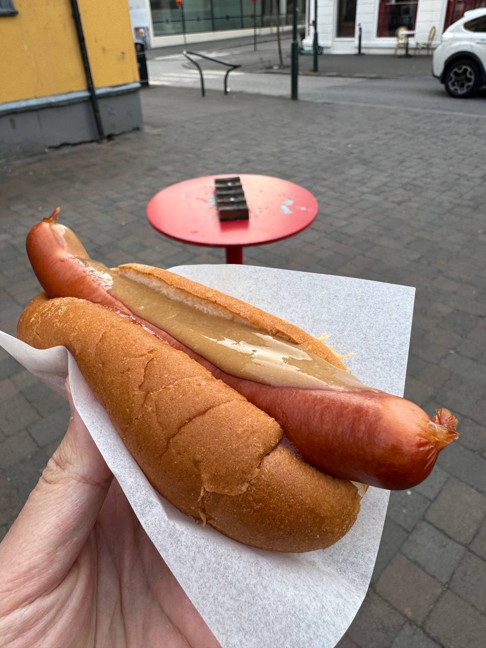 Traditional Icelandic pylsur hot dog with mustard in a soft bun enjoyed during a Reykjavik Food Tours experience with our agency