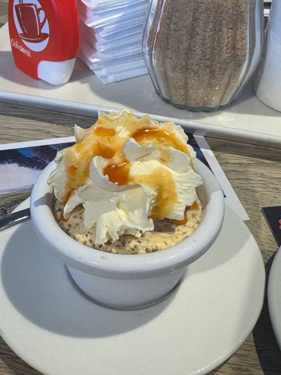 Icelandic rye bread ice cream topped with whipped cream and caramel sauce enjoyed during a Reykjavik Food Tours experience with our agency